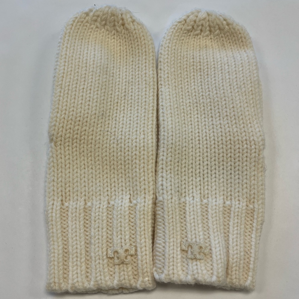 Tory Burch Cream Ribbed Merino Mittens OS